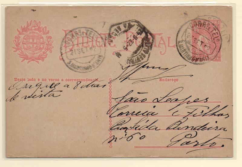 0996.jpg -     Lote:    996            Portugal       Descrição:         Carimbos circulares datados. Inteiro postal de 6C tipo Ceres, rosa escuro, circulado de S. Martinho D'Antas (21.09.22) para o Porto. Carimbo batido a preto "S.MARTINHO D'ANTAS".         IC       Valor Base:     &euro; 10,00     Valor Venda:     &euro; 14,00       