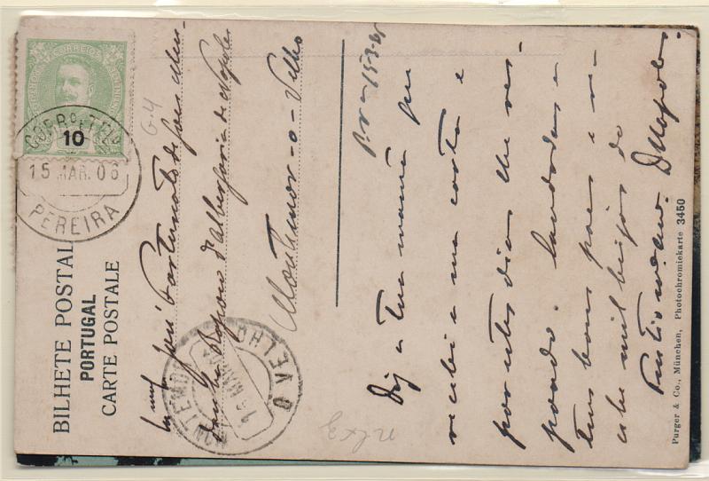 0999.jpg -     Lote:    999            Portugal       Descrição:         Carimbos circulares datados. 1895/96 &mdash; D. Carlos I Mouchon. CE128, 10 reis em postal circulado de Pereira (15.03.06) para Montemor-o-Velho. Carimbos batidos a preto de "PEREIRA" e "MONTEMOR / O VELHO" + postal com dois selos de 5 reis CE127 de Teixoso para Coimbra. Carimbo batido a preto de "TEIXOSO".         PI       Valor Base:     &euro; 12,00     Valor Venda:     &euro; 12,00       