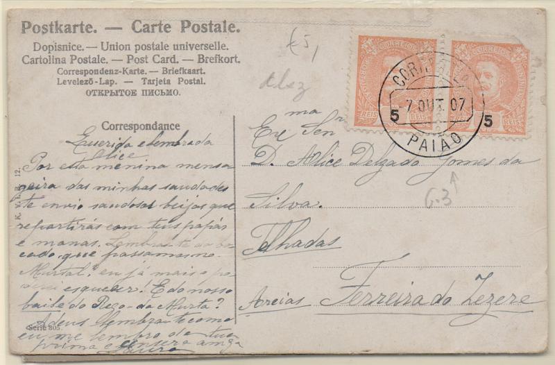 1000.jpg -     Lote:    1000            Portugal       Descrição:         Carimbos circulares datados. Lote de dois postais ilustrados com selos de D. Carlos I tipo Mouchon da emissão de 1896, circulados e obliterados com carimbos batidos a preto de "PAIÃO" e "ALCANHÕES".         PI       Valor Base:     &euro; 8,00     Valor Venda:     &euro; 12,00       