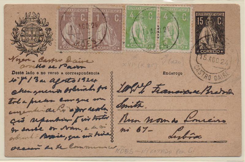 1001.jpg -     Lote:    1001            Portugal       Descrição:         Carimbos circulares datados. 1924 &mdash; Ceres. Inteiro de 15C preto sobre camurça, com selos adicionais de Ceres de 1C (par) e 4C (par) com fendas de cliché V e VII, circulado de Mões (16.08.24) para lisboa. Carimbo batido a preto de "MÕES".         IC       Valor Base:     &euro; 10,00     Valor Venda:     &euro; 42,00       