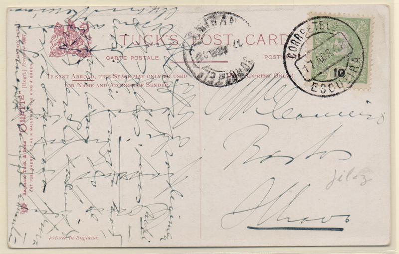 1002.jpg -     Lote:    1002            Portugal       Descrição:         Carimbos circulares datados. 1895/96 &mdash; D. Carlos I Mouchon. CE128, 10 reis em postal circulado de Esgueira (17.03.08) para Ilhavo. Carimbo batido a preto de "ESGUEIRA".         PI       Valor Base:     &euro; 10,00     Valor Venda:     Retirado     