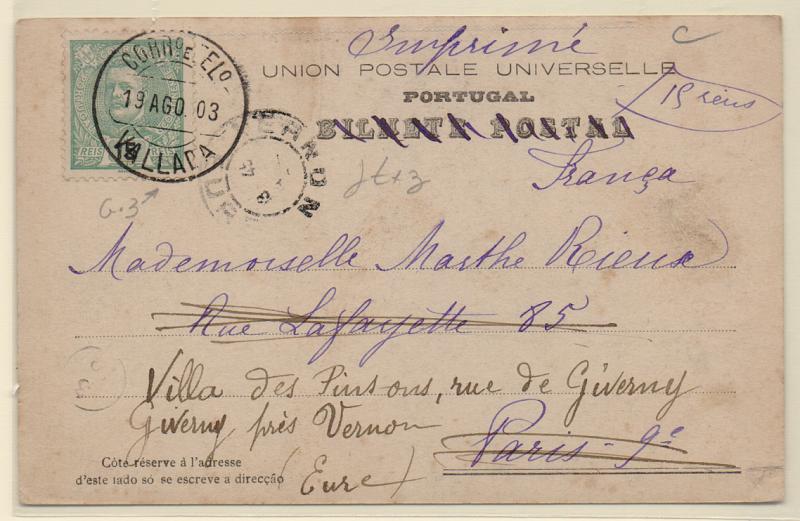 1003.jpg -     Lote:    1003            Portugal       Descrição:         Carimbos circulares datados. 1898 &mdash; D. Carlos I Mouchon. CE140, 15 reis em postal circulado de Valada (13.08.03) para França. Carimbo batido a preto de "VALLADA".         PI       Valor Base:     &euro; 8,00     Valor Venda:     &euro; 18,00       