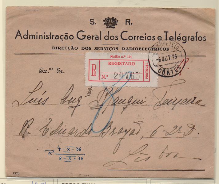 1007.jpg -     Lote:    1007            Portugal       Descrição:         Carimbos circulares datados, tipo 1880. Sobrescrito circulado registado e isento de franquia em Lisboa / Cortes (06.10.36). carimbo batido a preto "CÔRTES".         Carta       Valor Base:     &euro; 10,00     Valor Venda:     Retirado     
