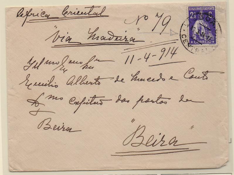 1008.jpg -     Lote:    1008            Portugal       Descrição:         Carimbos circulares. 1912 &mdash; Ceres. CE211, 2 &frac12; c em sobrescrito circulado de lisboa (12.03.14) para a Beira. Carimbo batido a preto "LISBOA &mdash; CA / CENTRAL".         Carta       Valor Base:     &euro; 12,00     Valor Venda:     &euro; 12,00       