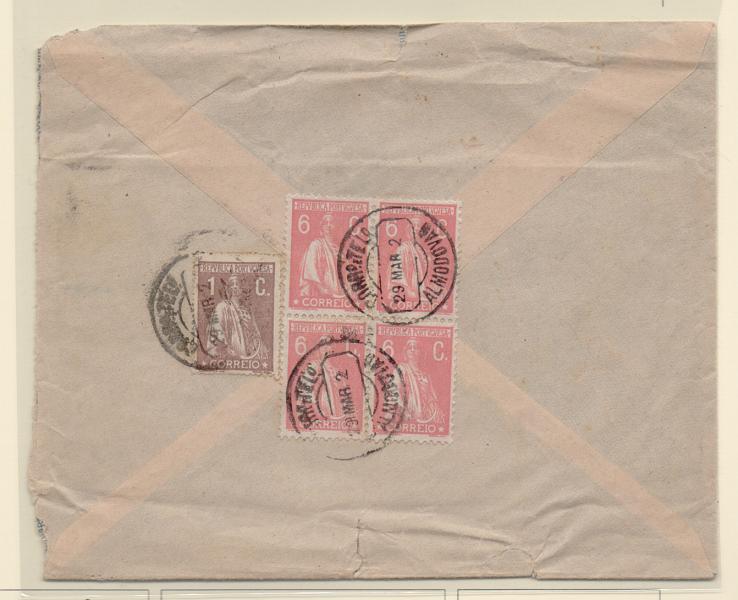 1010.jpg -     Lote:    1010            Portugal       Descrição:         Carimbos circulares datados tipo 1880. 1917/20 &mdash; Ceres. Sobrescrito circulado de Almodôvar (29.03.22) para a Messejana com selo de 1C e 4x6C CE221 e 228. Carimbo batido a preto de ALMODOVAR, com apenas um dígito para o ano no datador.         Carta       Valor Base:     &euro; 8,00     Valor Venda:     &euro; 10,00       