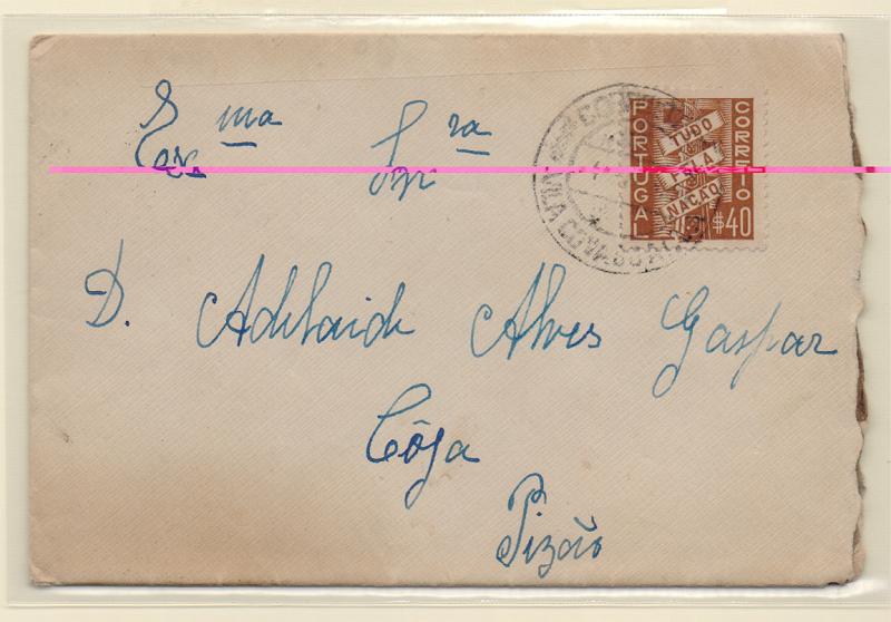1011.jpg -     Lote:    1011            Portugal       Descrição:         Carimbos circulares datados. 1935/41 &mdash; Tudo pela Nação. CE571, 40C em sobrescrito circulado de Vila Cova do Alva (01..04.32) para Coja. Carimbo batido a preto de "VILA COVA DO ALVA.         Carta       Valor Base:     &euro; 8,00     Valor Venda:     Retirado     