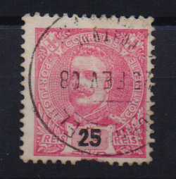 1019.jpg -     Lote:    1019            Portugal       Descrição:         Carimbos circulares datados, tipo 1880. 1898/05 &mdash; D. Carlos I Mouchon. CE141, 25 reis carmim, obliterado com carimbo batido a preto de "PORTO DE MUGE".         O       Valor Base:     &euro; 12,00     Valor Venda:     &euro; 22,00       