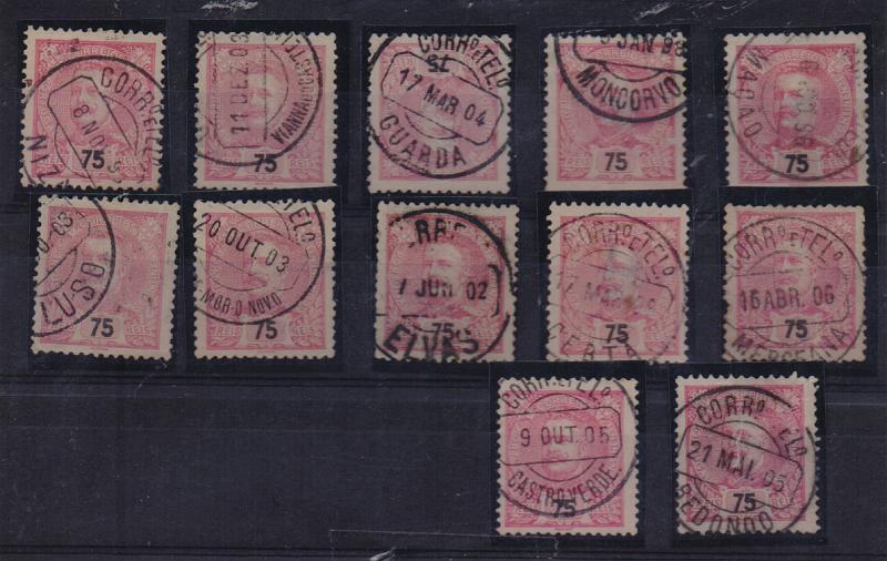 1021.jpg -     Lote:    1021            Portugal       Descrição:         Carimbos circulares datados, tipo 1880. 1898/905 &mdash; D. Carlos I tipo Mouchon. CE141, 25 reis carmim. Lote com 11 selos com diferentes carimbos batidos a preto.         Lote       Valor Base:     &euro; 10,00     Valor Venda:     Retirado     
