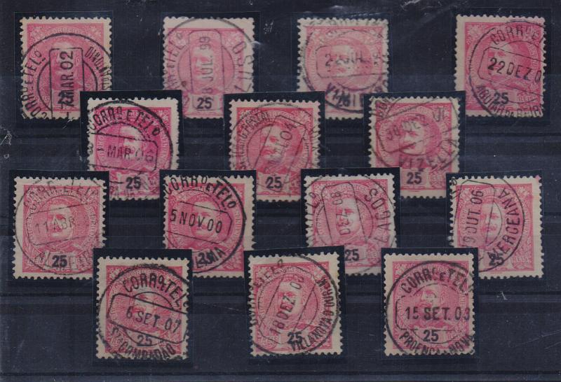 1022.jpg -     Lote:    1022            Portugal       Descrição:         Carimbos circulares datados, tipo 1880. 1898/905 &mdash; D. Carlos I tipo Mouchon. CE141, 25 reis carmim. Lote com 14 selos com diferentes carimbos batidos a preto. Marcas bem batidas.         Lote       Valor Base:     &euro; 12,00     Valor Venda:     &euro; 36,00       
