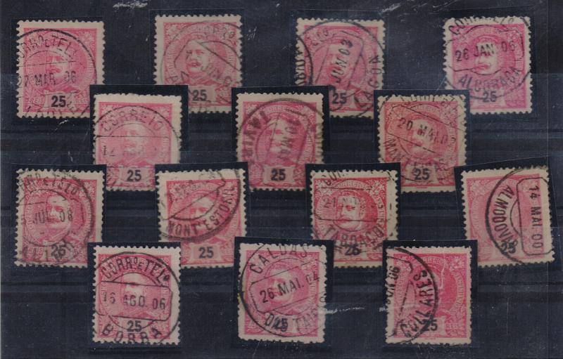 1023.jpg -     Lote:    1023            Portugal       Descrição:         Carimbos circulares datados, tipo 1880. 1898/905 &mdash; D. Carlos I tipo Mouchon. CE141, 25 reis carmim. Lote com 14 selos com diferentes carimbos batidos a preto. Marcas bem batidas.         Lote       Valor Base:     &euro; 12,00     Valor Venda:     &euro; 18,00       