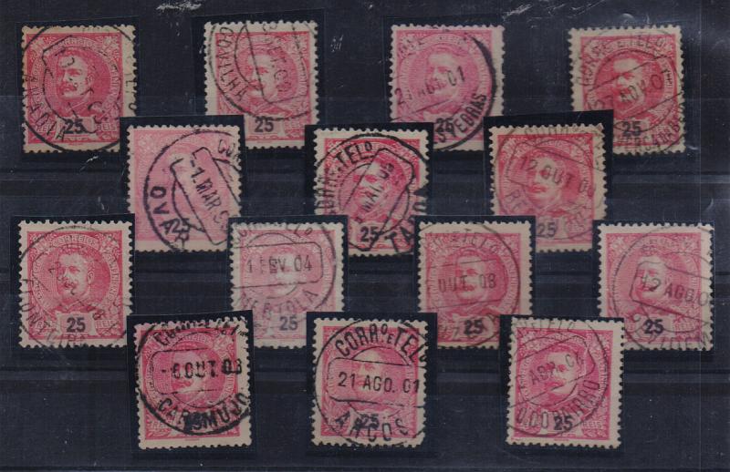 1024.jpg -     Lote:    1024            Portugal       Descrição:         Carimbos circulares datados, tipo 1880. 1898/905 &mdash; D. Carlos I tipo Mouchon. CE141, 25 reis carmim. Lote com 14 selos com diferentes carimbos batidos a preto. Marcas bem batidas.         Lote       Valor Base:     &euro; 12,00     Valor Venda:     &euro; 12,00       