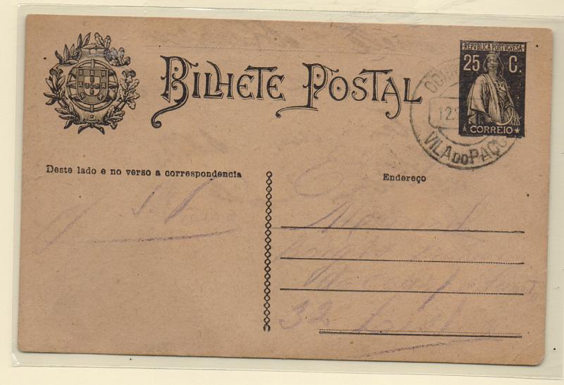 1027.jpg -     Lote:    1027            Portugal       Descrição:         Carimbos circulares datados, tipo 1880. 1924 &mdash; Ceres. OM74, 25c. Circulado de Vila do Paço (12.04.27) para Lisboa. Carimbo batido a preto de "VILA DO PAÇO".         IC       Valor Base:     &euro; 10,00     Valor Venda:     &euro; 18,00       