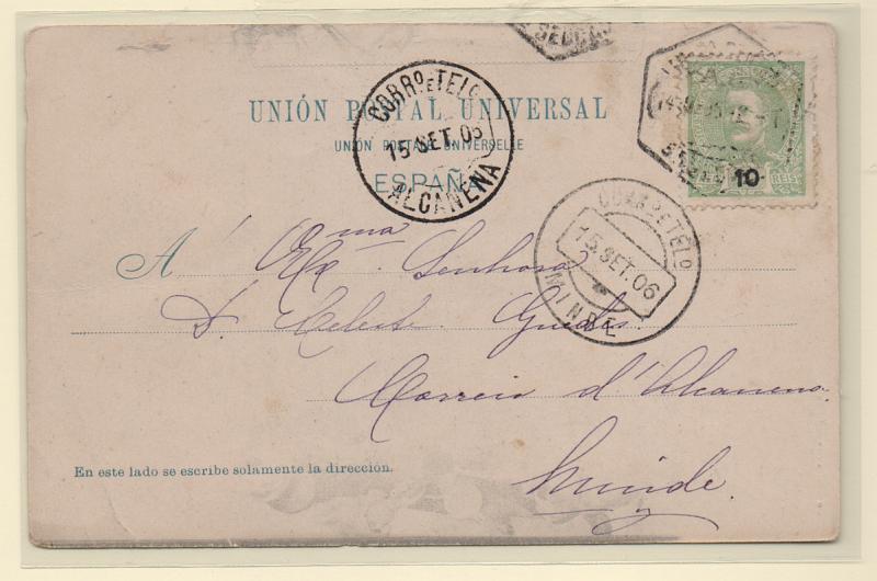 1028.jpg -     Lote:    1028            Portugal       Descrição:         Carimbos circulares datados, tipo 1880. 1895/96 &mdash; D. Carlos I Mouchon. CE128, 10 reis em postal ilustrado circulado de Lisboa para Minde (15.09.06) com trânsito por Alcanena. Carimbos batidos a preto de "MINDE" e "ALCANENA".         PI       Valor Base:     &euro; 10,00     Valor Venda:     &euro; 10,00       