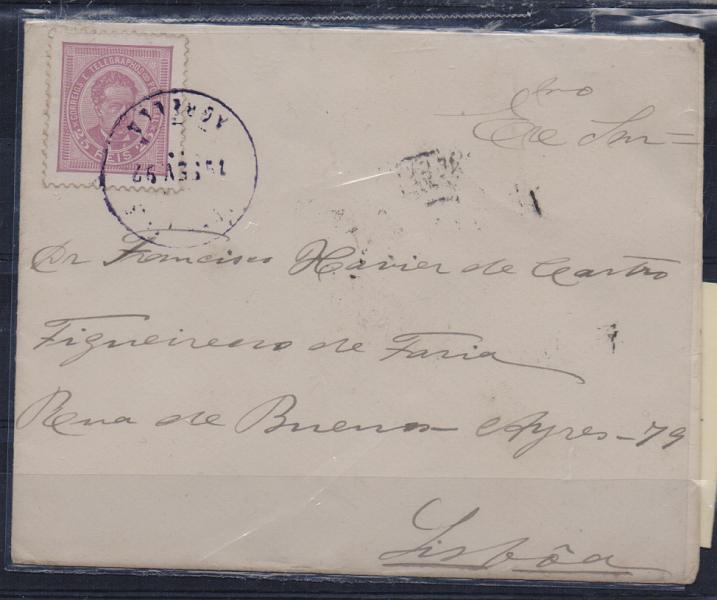 1030.jpg -     Lote:    1030            Portugal       Descrição:         Carimbos circulares datados, tipo 1880. 1884/87 &mdash; D. Luís I, de frente. CE63, 25 reis lilás rosa em sobrescrito circulado de Agrela (19.02.92) para Lisboa. Carimbo batido a violeta "AGRELLA".         Carta       Valor Base:     &euro; 15,00     Valor Venda:     &euro; 28,00       
