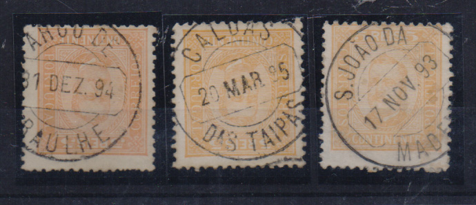 1031.jpg -     Lote:    1031            Portugal       Descrição:         Carimbos circulares datados tipo 1880. 1892/93 &mdash; D. Carlos I tipo Diogo Neto. CE68, 5 laranja. Lote com 3 selos obliterados com carimbos batidos a preto de "ARCO DE / BAULHE, CALDAS / DAS TAIPAS e S. JOÃO DA /MADEIRA".         Lote       Valor Base:     &euro; 10,00     Valor Venda:     &euro; 12,00       