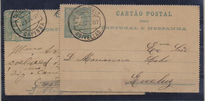 1032.jpg -     Lote:    1032            Portugal       Descrição:         Carimbos circulares datados tipo 1880. Lote com dois bilhetes-cartas de 25 reis tipo D. Carlos I Mouchon, obliterados com carimbos batidos a preto "CAPINHA" e "ODIVELLAS".         IC       Valor Base:     &euro; 10,00     Valor Venda:     Retirado     