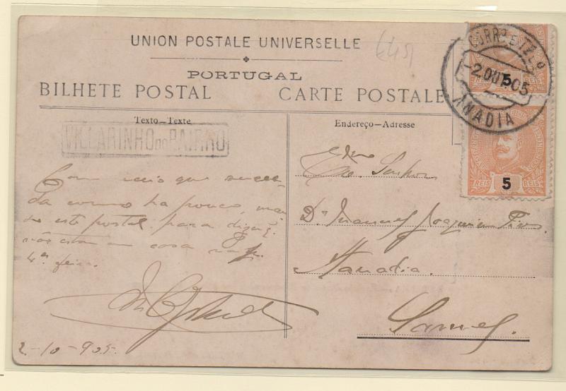 1035.jpg -     Lote:    1035            Portugal       Descrição:         Carimbos nominativos. 1895/96 &mdash; D. Carlos I Mouchon. CE127, 5 reis. Dois selos sobre postal ilustrado circulado de Anadia (02.10.05) para Sousel. Carimbo batido a preto de "VILARINHO DO BAIRRO".         PI       Valor Base:     &euro; 30,00     Valor Venda:     Retirado     