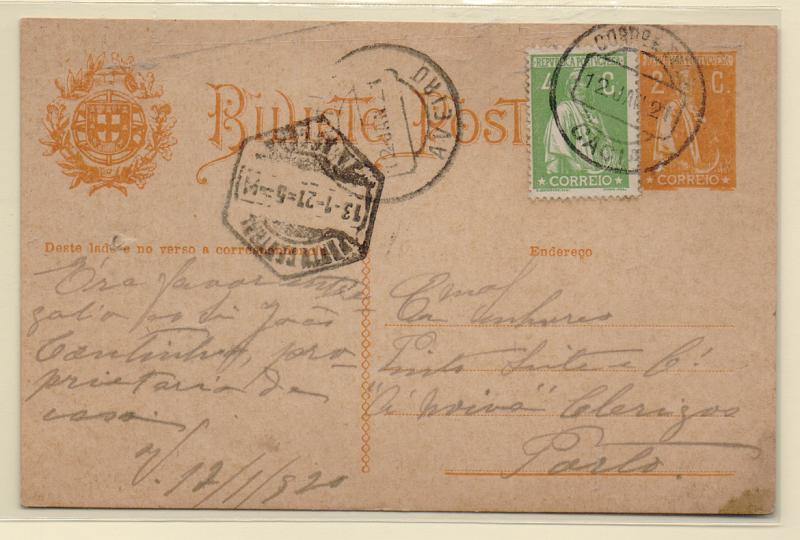 1036.jpg -     Lote:    1036            Portugal       Descrição:         Carimbos circulares datados tipo 1880. 1918/20 &mdash; Ceres.OM61, 2C ocre. Inteiro circulado com selo adicional de 4c CE226 de Cacia (12.01.21) para o Porto (13.01.21). Carimbo batido a preto de "CACIA". R.         IC       Valor Base:     &euro; 20,00     Valor Venda:     &euro; 28,00       