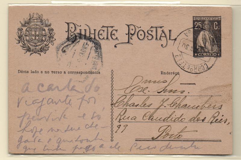 1037.jpg -     Lote:    1037            Portugal       Descrição:         Carimbos circulares datados tipo 1880. 1924 &mdash; Ceres.OM24, 25c preto. Circulado de Vila da Rua (03.11.30) para o Porto. Carimbo batido a preto de "VILA DA RUA".         IC       Valor Base:     &euro; 12,00     Valor Venda:     Retirado     