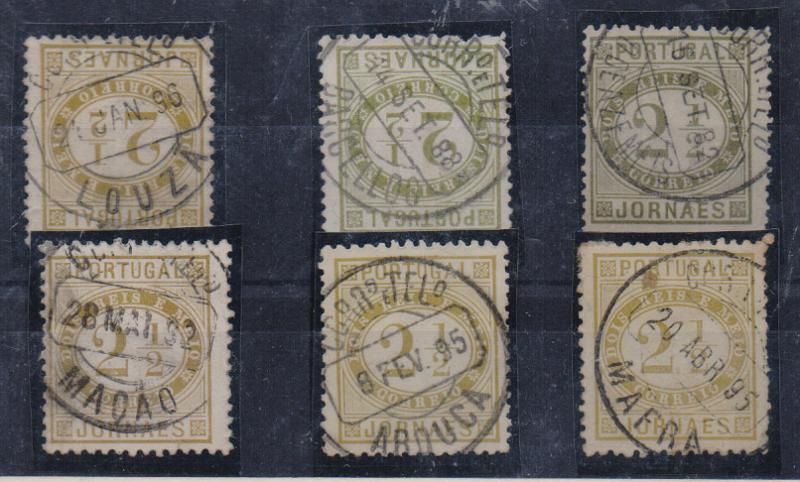1038.jpg -     Lote:    1038            Portugal       Descrição:         Carimbos circulares datados, tipo 1880. 1876 &mdash; Jornaes. CE48. Lote com seis selos obliterados com carimbos batidos a preto: "LOUZÃ", "BARCELLOS", "MAÇÃO", "OLIVEIRA DE AZEMEIS", "AROUCA" e "MAFRA".         Lote       Valor Base:     &euro; 10,00     Valor Venda:     Retirado     
