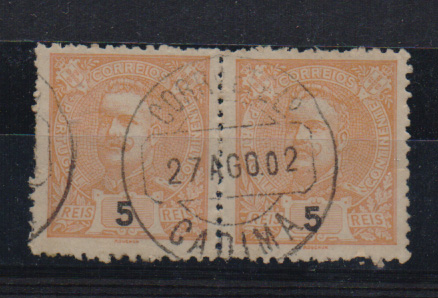1040.jpg -     Lote:    1040            Portugal       Descrição:         Carimbos circulares datados tipo 1880. 1895/96 &mdash; D. Carlos I Mouchon. CE127, 5 reis. Par horizontal obliterado com carimbo batido a preto de "CADIMA".         O       Valor Base:     &euro; 8,00     Valor Venda:     &euro; 8,00       