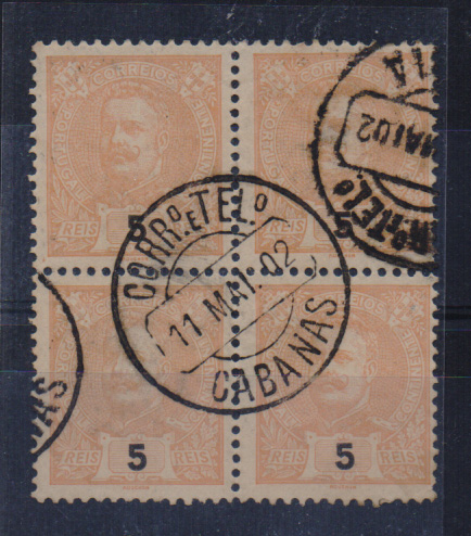 1045.jpg -     Lote:    1045            Portugal       Descrição:         Carimbos circulares datados tipo 1880. 1895/96 &mdash; D. Carlos I Mouchon. CE127, 5 reis. Quadra obliterada com carimbo batido a preto de "CABANAS".         O       Valor Base:     &euro; 8,00     Valor Venda:     &euro; 8,00       