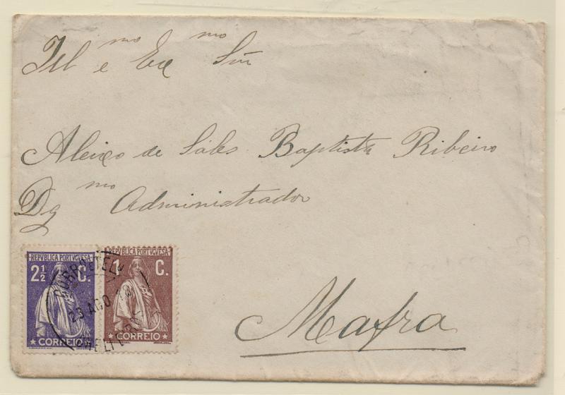 1046.jpg -     Lote:    1046            Portugal       Descrição:         Carimbos circulares datados tipo 1880. 1914/17 &mdash; Ceres. CE211 e CE214 em sobrescrito circulado de Cheleiros (29.08.18) para Mafra. Carimbo batido a preto de CHELLEIROS.         Carta       Valor Base:     &euro; 15,00     Valor Venda:     Retirado     