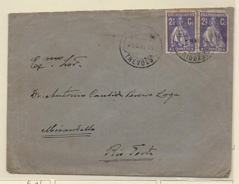 1047.jpg -     Lote:    1047            Portugal       Descrição:         Carimbos circulares datados. 1914 &mdash; Ceres. Sobrescrito circulado de Trevões (25.05.18) com dois selos de 2 &frac12; C CE211. Carimbo batido a preto "TREVÕES".         Carta       Valor Base:     &euro; 8,00     Valor Venda:     Retirado     