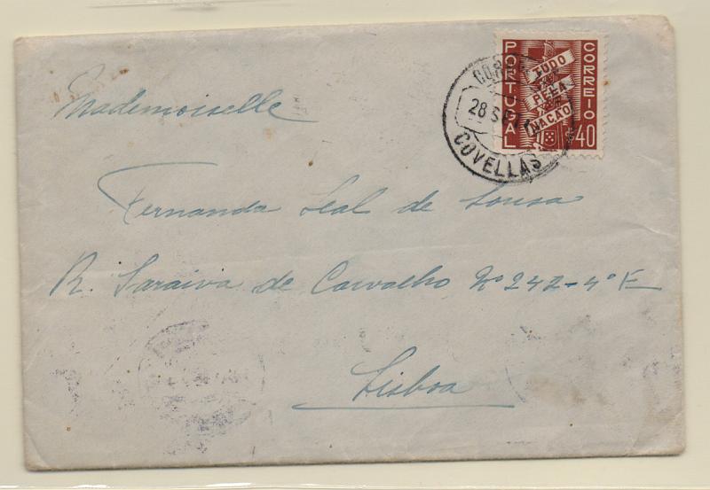 1048.jpg -     Lote:    1048            Portugal       Descrição:         Carimbos circulares datados, tipo 188º. 1935 &mdash; Tudo pela Nação. CE571, $40c em carta circulada de Covelas (28.09.40) para Lisboa, com carimbo batido a preto de "COVELLAS".         Carta       Valor Base:     &euro; 12,00     Valor Venda:     Retirado     