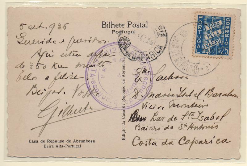 1049.jpg -     Lote:    1049            Portugal       Descrição:         Carimbos circulares datados. Postal ilustrado circulado para a Costa da Caparica (05.09.36) com selo de $25 TPN CE570. Carimbo batido a preto "ABRUNHOSA (CASA DE REPOUSO)".         PI       Valor Base:     &euro; 12,00     Valor Venda:     Retirado     