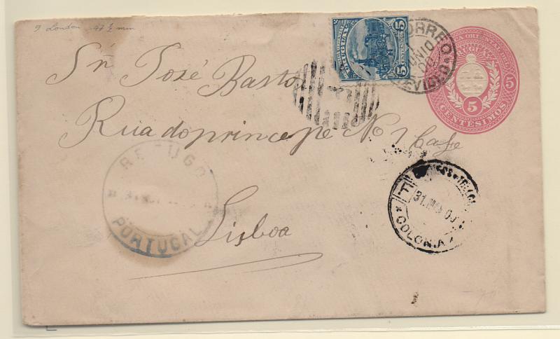 1051.jpg -     Lote:    1051            Portugal       Descrição:         Carimbos de refugo. Inteiro postal do Uruguai de 5c + adicional de 5c circulado para Lisboa (22.06,00) e não reclamado. Caiu em refugo. Carimbo de refugo batido a preto "REFUGO / PORTUGAL" + administrativo "PAS RECLAMÉ / NÃO RECLAMADO".         IC       Valor Base:     &euro; 15,00     Valor Venda:     Retirado     