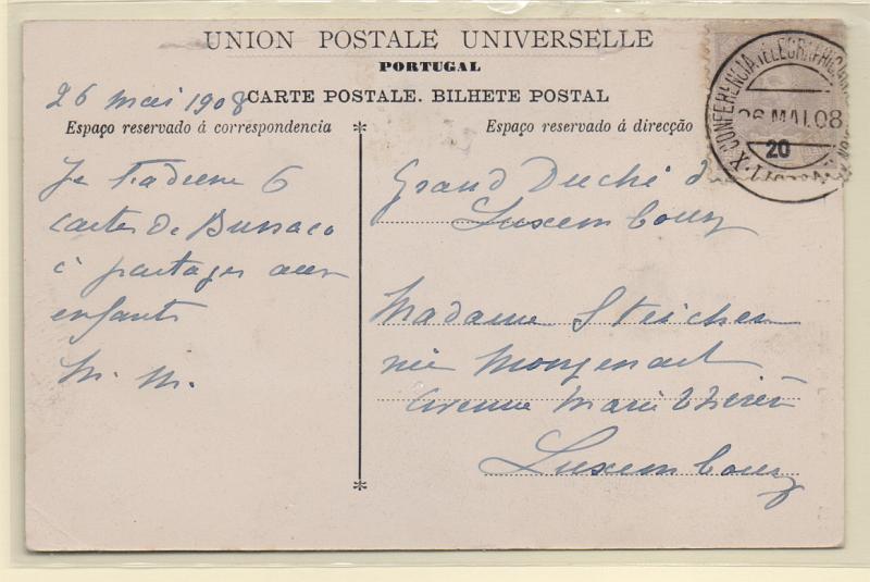 1053.jpg -     Lote:    1053            Portugal       Descrição:         Carimbos comemorativos. 1895/96 &mdash; D. Carlos I Mouchon. CE130, 20 reis em postal ilustrado circulado de Lisboa (26.05.08) para Lucerna. Carimbo batido a preto "X CONFERENCIA TELEGRAPHICA ??? / LISBOA.         PI       Valor Base:     &euro; 20,00     Valor Venda:     &euro; 20,00       
