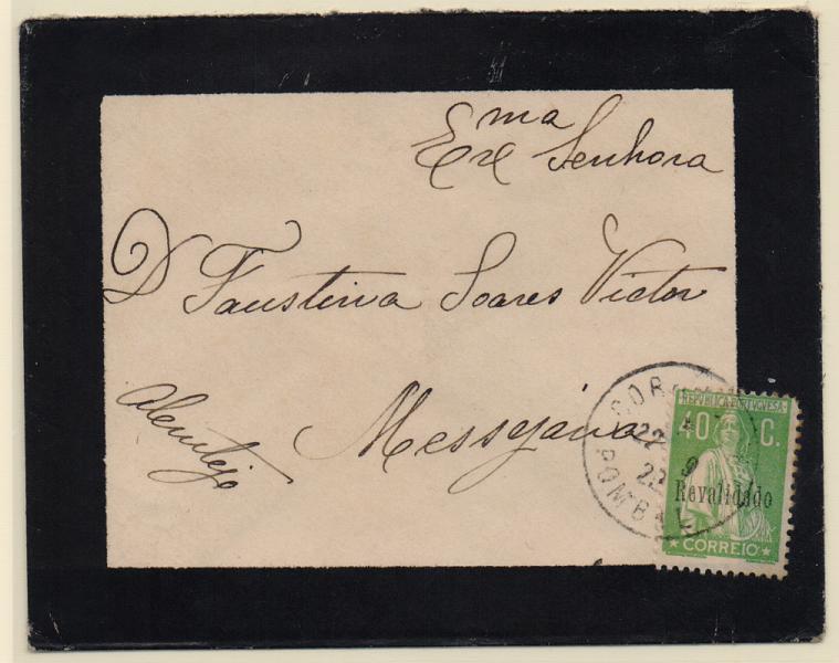 1057.jpg -     Lote:    1057            Portugal       Descrição:         Carimbos tipo francês. 1929 &mdash; Ceres, com sobrecarga "Revalidado". CE490, 40C em carta circulada de Pombal (22.09.29) para Messejana. Carimbo batido a preto "POMBAL".         Carta       Valor Base:     &euro; 10,00     Valor Venda:     Retirado     