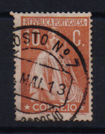 1059.jpg -     Lote:    1059            Portugal       Descrição:         Postos particulares de correio. 1912 &mdash; Ceres. CE215, 10C. Obliterado com carimbo batido a preto do "POSTO N.º 7".         O       Valor Base:     &euro; 8,00     Valor Venda:     &euro; 12,00       