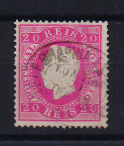 1067.jpg -     Lote:    1067            Portugal       Descrição:         Carimbos da telegrafia eléctrica. 1884/87 &mdash; D. Luís I. De frente. CE62, 20 reis carmim rosa. Obliterado com carimbo oval batido a preto "TELEGRAPHIA ELECTRICA / VILA NOVA / DO / RODAM".         O       Valor Base:     &euro; 20,00     Valor Venda:     &euro; 44,00       