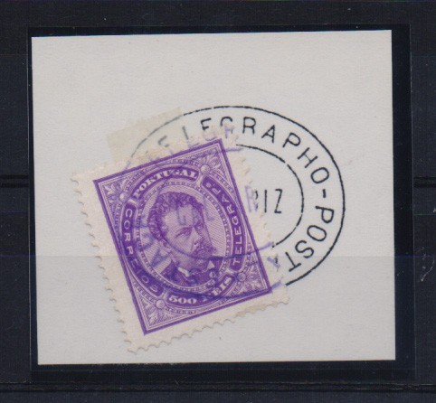 1072.jpg -     Lote:    1072            Portugal       Descrição:         Carimbos da telegrafia eléctrica. 1884/87 &mdash; D. Luís I. De frente. CE65, 500 reis violeta, denteado 12 &frac12;, obliterado com carimbo batido a violeta "ESTAÇÃO TELEGRAPHO-POSTAL / CALHARIZ".         O       Valor Base:     &euro; 10,00     Valor Venda:     Retirado     