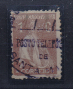 1074.jpg -     Lote:    1074            Portugal       Descrição:         Carimbos circulares. 1917/20- Ceres. CE221, 1C castanho, obliterado com carimbo batido a violeta "POSTO TELEFÓNICO DE SANTA MARIA". Raro.         O       Valor Base:     &euro; 18,00     Valor Venda:     &euro; 50,00       