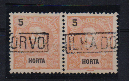 1078.jpg -     Lote:    1078            Açores       Descrição:         Carimbos nominativos. 1897 &mdash; D. Carlos I Mouchon.CE15, 5 reis laranja. Par horizontal obliterado com carimbo batido a preto "ILHA DO CORVO".         O       Valor Base:     &euro; 8,00     Valor Venda:     &euro; 8,00       