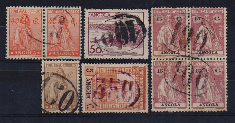 1082.jpg -     Lote:    1082            Angola       Descrição:         Carimbos numéricos volantes. Lote composto por um par, 3 selos simples e uma quadra, obliterados com carimbos numéricos "50", 2x"100", "150" e "350".         O       Valor Base:     &euro; 6,00     Valor Venda:     Retirado     