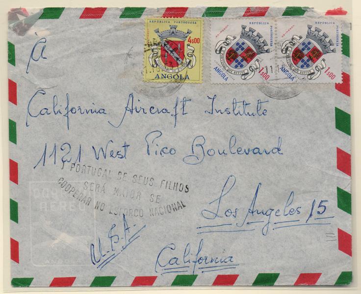 1083.jpg -     Lote:    1083            Angola       Descrição:         Marcas patrióticas. 1963 &mdash; Brasões. Sobrescrito circulado de Benguela para os EUA, com trânsito por Luanda (12.10.63) com selos de 1$00 (par) e 4$00 CE440 e 468. Carimbo batido a preto "O PORTUGAL DE SEUS FILHOS / SERÁ MAIOR SE / COOPERAR NO ESFORÇO NACIONAL".         Carta       Valor Base:     &euro; 10,00     Valor Venda:     Retirado     