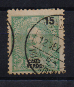 1084.jpg -     Lote:    1084            Cabo Verde       Descrição:         Carimbos circulares datados. 1903 &mdash; D. Carlos I Mouchon. CE77, 15 reis verde. Obliterado com carimbo batido a preto " VILLA DA RIBEIRA ???".         O       Valor Base:     &euro; 8,00     Valor Venda:     &euro; 8,00       