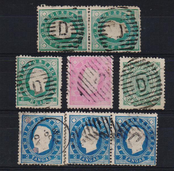 1086.jpg -     Lote:    1086            Índia       Descrição:         Carimbos de barras ovais * literais + circular tipo thimble. 1886 &mdash; D. Luís I, fita direita. CE136, 2T azul. Lote composto por par com carimbo batido a preto "D &mdash; AGUADA" e selo simples com carimbo batido a preto "MARGÃO / 24 OC 90" + CE134, 10 reis verde-escuro. Par vertical obliterado com carimbo batido a preto "D &mdash; AGUADA". + Lote de 3 selos: CE134 com carimbo a preto "D" + CE136 com carimbo a preto "C" e CE141 com carimbo a preto "D".         O       Valor Base:     &euro; 15,00     Valor Venda:     &euro; 16,00       