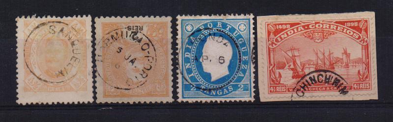 1087.jpg -     Lote:    1087            Índia       Descrição:         Carimbos circulares tipo "Thimble". Lote de 4 selos com carimbos batidos a preto de: SANQUELIM, MORMUGÃO-PORTO, PONDA e CHINCHINIM.         O       Valor Base:     &euro; 8,00     Valor Venda:     &euro; 10,00       