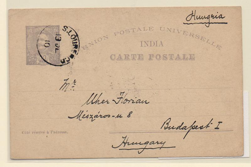 1088.jpg -     Lote:    1088            Índia       Descrição:         Carimbos circulares datados. 1905 &mdash; D. Carlos I Mouchon. OM19, 10 reis lilás. Circulado de S. Lourenço (13.12.10) para a Hungria. Carimbo batido a preto "S. LOURENÇO". MB. Acompanha desenho do carimbo.         IC       Valor Base:     &euro; 40,00     Valor Venda:     Retirado     