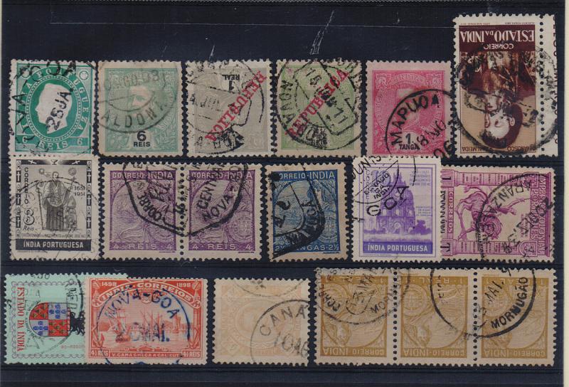 1089.jpg -     Lote:    1089            Índia       Descrição:         Marcofilia diversa. Lote composto por 13 selos + um par + uma tira de 3 selos, obliterados com carimbos de diversa tipologia e diversas localidades da Índia portuguesa.         Lote       Valor Base:     &euro; 6,00     Valor Venda:     Retirado     