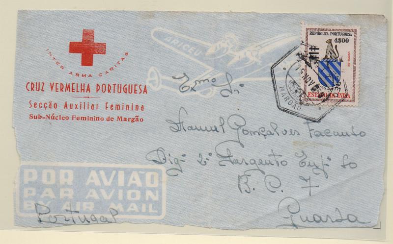 1090.jpg -     Lote:    1090            Índia       Descrição:         Carimbos hexagonais. Frente de sobrescrito circulado de Margão (15.11.59) para a Guarda com selo de 4$00 s/ 11Tgs CE496. Carimbo batido a preto de "MARGÃO". MB e R.         Carta       Valor Base:     &euro; 8,00     Valor Venda:     &euro; 24,00       