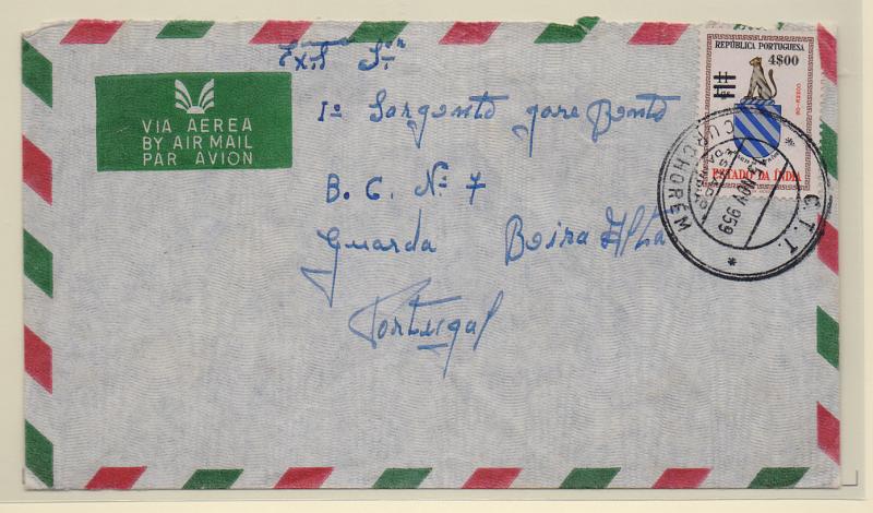 1091.jpg -     Lote:    1091            Índia       Descrição:         Carimbos de duplo círculo. Sobrescrito circulado de Curchorem (15.11.59) para a Guarda com selo de 4$00 s/ 11Tgs CE496. Carimbo batido a preto de "CURCHORÉM". MB e R.         Carta       Valor Base:     &euro; 15,00     Valor Venda:     &euro; 26,00       