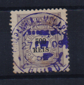 1093.jpg -     Lote:    1093            Moçambique       Descrição:         Carimbos circulares datados. 1906 &mdash; Porteado. Emissão regular. CE POR10, 500 reis violeta, obliterado com carimbo batido a violeta de "CHIMBUÉ".         O       Valor Base:     &euro; 8,00     Valor Venda:     &euro; 14,00       
