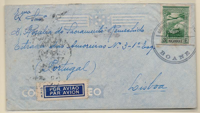 1096.jpg -     Lote:    1096            Moçambique       Descrição:         Carimbos circulares datados provisórios. Sobrescrito circulado por via aérea de Boane para Lisboa (07.01.46) com selo de 3E CE CA6. carimbo batido a preto "CORREIOS E TELEGRAFOS / BOANE".         Carta       Valor Base:     &euro; 35,00     Valor Venda:     Retirado     