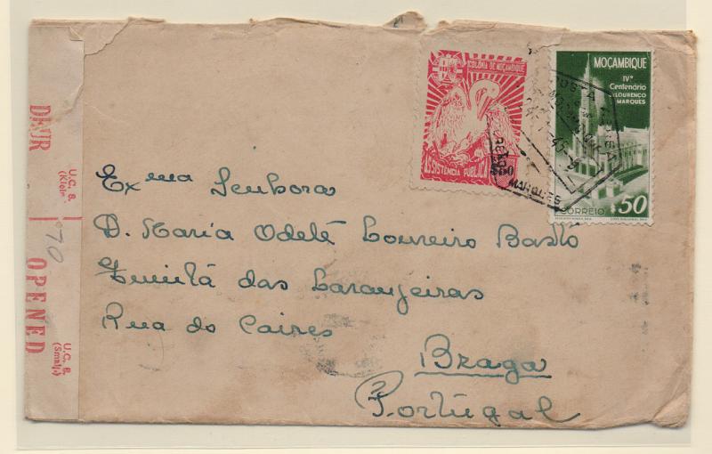 1101.jpg -     Lote:    1101            Moçambique       Descrição:         1944 &mdash; IV Centenário de Lourenço Marques + Assistência "Pelicano". Sobrescrito circulado de L. Marques (24.01.45) para Braga (10.03.45) com selo de $50 CE313 + $50 CE IP45. Censurado na África do Sul.         Carta       Valor Base:     &euro; 10,00     Valor Venda:     Retirado     